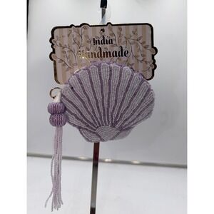 India Handmade Beaded Seashell Coin Purse Lavender White Tassel CTFBB-PMU